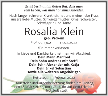 Traueranzeige von Rosalia Klein von Trauerkombi Mansfelder Land