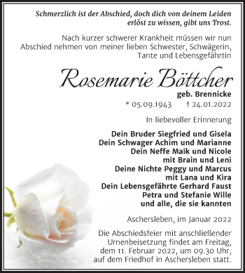 Traueranzeige von Rosemarie Böttcher von Trauerkombi Aschersleben