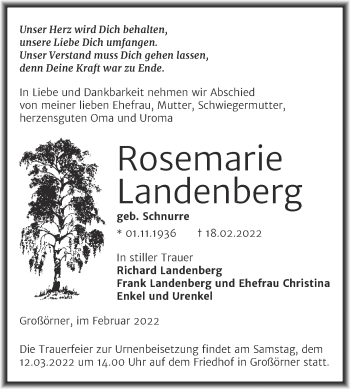 Traueranzeige von Rosemarie Landenberg von Trauerkombi Mansfelder Land