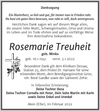 Traueranzeige von Rosemarie Treuheft von Trauerkombi Köthen