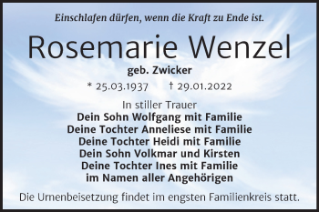 Traueranzeige von Rosemarie Wenzel von Trauerkombi Wittenberg