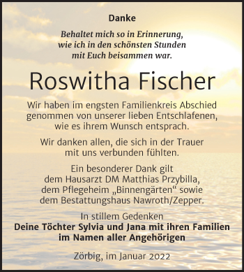 Traueranzeige von Roswitha Fischer von Trauerkombi Bitterfeld