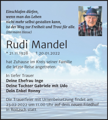 Traueranzeige von Rudi Mandel von Trauerkombi Bitterfeld