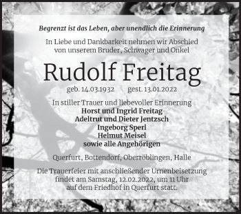 Traueranzeige von Rudolf Freitag von Trauerkombi Merseburg