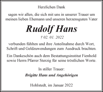Traueranzeige von Rudolf Hans von Mitteldeutsche Zeitung Sangerhausen