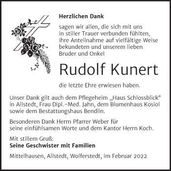 Traueranzeige von Rudolf Kunert von Trauerkombi Sangerhausen
