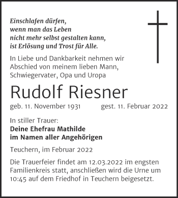 Traueranzeige von Rudolf Riesner von Trauerkombi Weißenfels