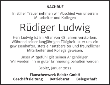 Traueranzeige von Rüdiger Ludwig von Mitteldeutsche Zeitung Bernburg