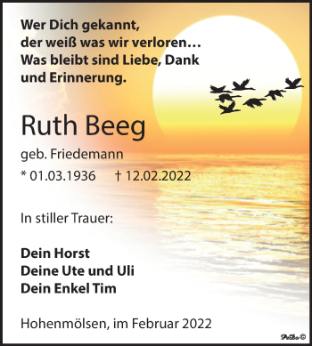 Traueranzeige von Ruth Beeg von Trauerkombi Weißenfels