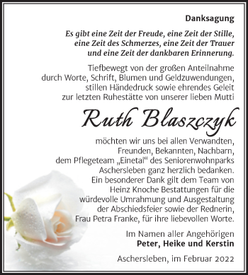 Traueranzeige von Ruth Blaszczyk von Trauerkombi Aschersleben