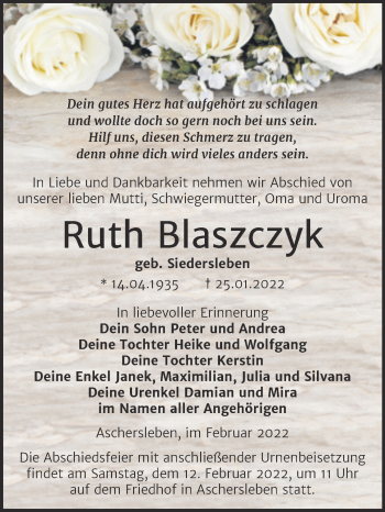 Traueranzeige von Ruth Blaszczyk von Trauerkombi Aschersleben
