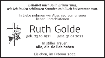 Traueranzeige von Ruth Golde von Trauerkombi Mansfelder Land