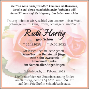 Traueranzeige von Ruth Hartig von Trauerkombi Merseburg