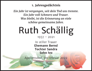 Traueranzeige von Ruth Schällig von Trauerkombi Wittenberg