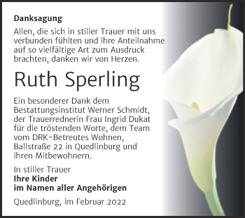 Traueranzeige von Ruth Sperling von Trauerkombi Quedlinburg