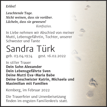 Traueranzeige von Sandra Türk von Trauerkombi Wittenberg