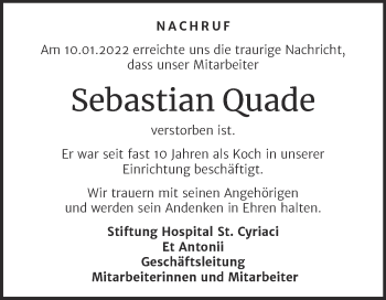 Traueranzeige von Sebastian Quade von Mitteldeutsche Zeitung Halle/Saalkreis