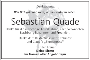 Traueranzeige von Sebastian Quade von Trauerkombi Bitterfeld