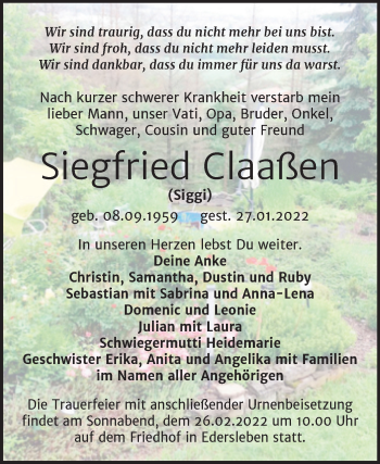 Traueranzeige von Siegfried Claaßen von Trauerkombi Sangerhausen