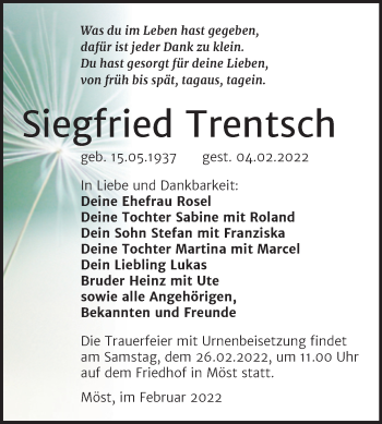 Traueranzeige von Siegfried Trentsch von Wochenspiegel Bitterfeld