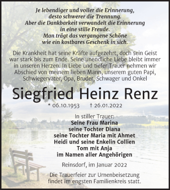 Traueranzeige von Siegfried Heinz Renz von Wochenspiegel Naumburg/Nebra
