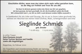 Traueranzeige von Sieglinde Schmidt von Trauerkombi Köthen