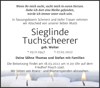 Traueranzeige von Sieglinde Tuchscheerer von Trauerkombi Bitterfeld