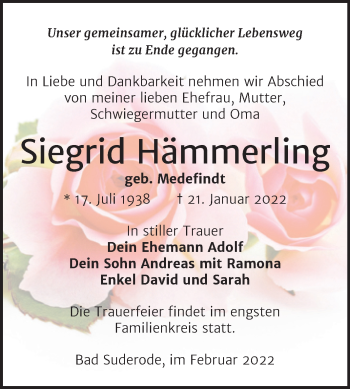 Traueranzeige von Siegrid Hämmerling von Trauerkombi Quedlinburg