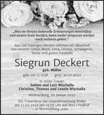 Traueranzeige von Siegrun Deckert von Trauerkombi Mansfelder Land