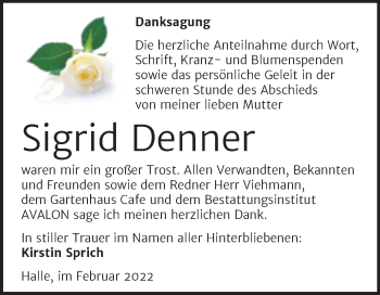Traueranzeige von Sigrid Denner von Mitteldeutsche Zeitung Halle/Saalkreis