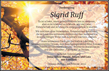 Traueranzeige von Sigrid Ruff von Trauerkombi Dessau