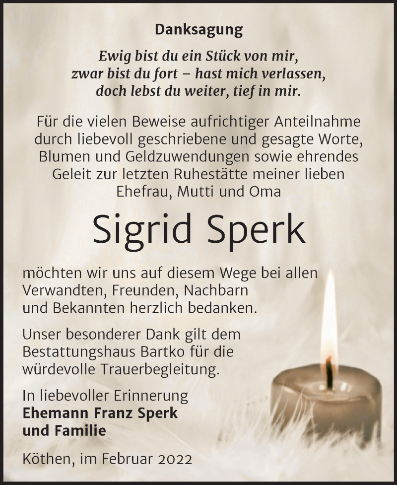  Traueranzeige für Sigrid Sperk vom 12.02.2022 aus Trauerkombi Köthen