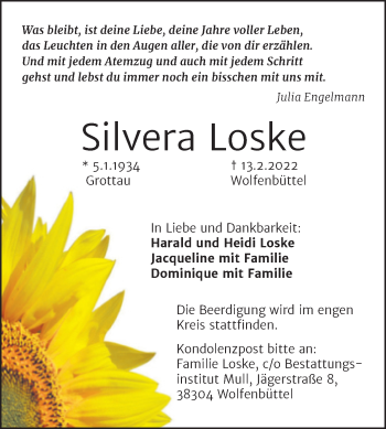 Traueranzeige von Silvera Loske von Trauerkombi Quedlinburg