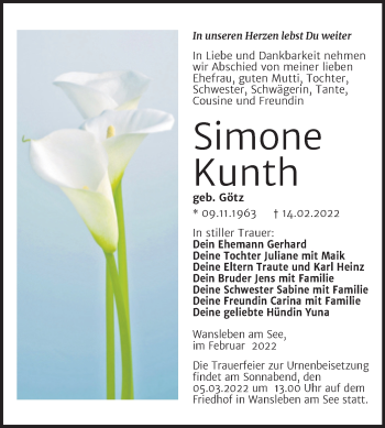 Traueranzeige von Simone Kunth von Trauerkombi Mansfelder Land