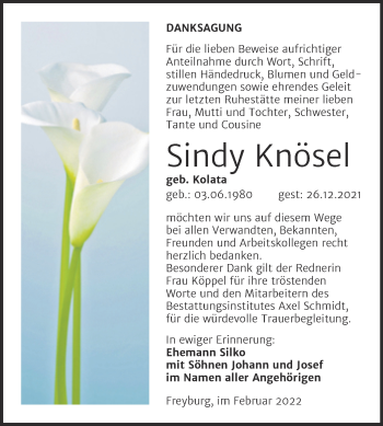 Traueranzeige von Sindy Knösel von Wochenspiegel Naumburg/Nebra