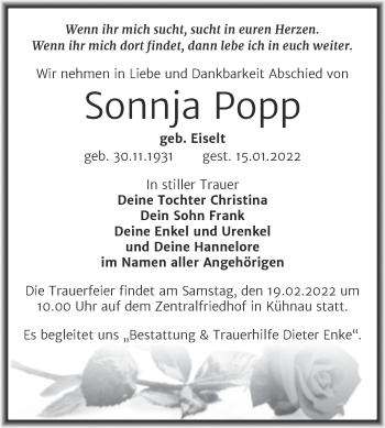 Traueranzeige von Sonnja Popp von Trauerkombi Dessau