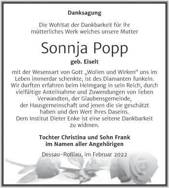 Traueranzeige von Sonnja Popp von Trauerkombi Dessau