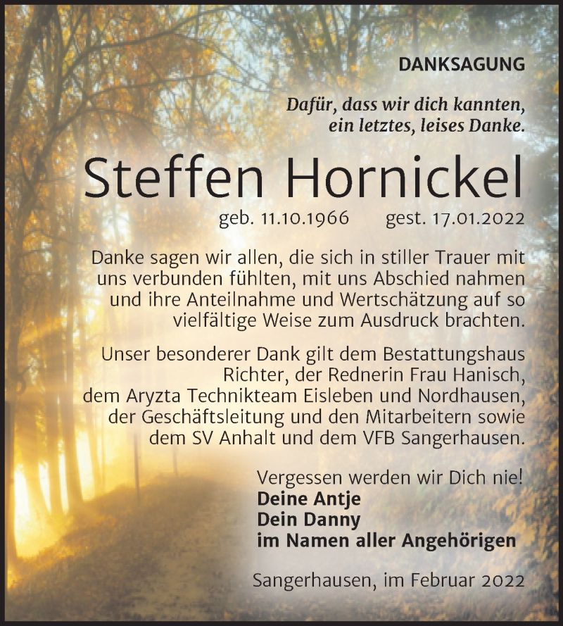  Traueranzeige für Steffen Hornickel vom 18.02.2022 aus Trauerkombi Sangerhausen