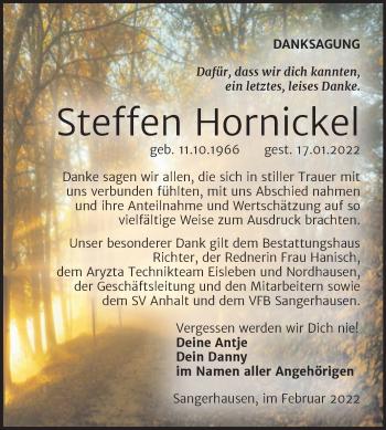 Traueranzeige von Steffen Hornickel von Trauerkombi Sangerhausen