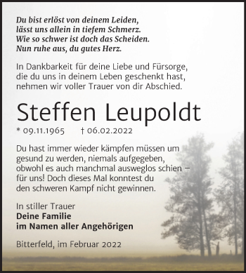 Traueranzeige von Steffen Leupoldt von Trauerkombi Bitterfeld