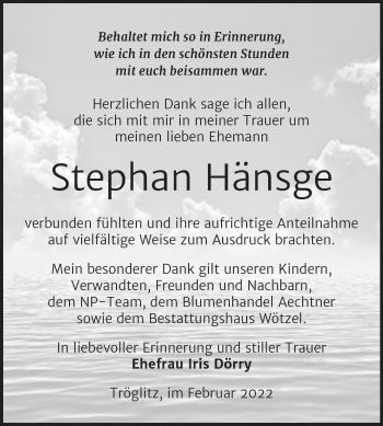 Traueranzeige von Stephan Hänsge von Trauerkombi Zeitz