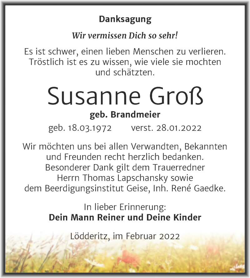  Traueranzeige für Susanne Groß vom 12.02.2022 aus Trauerkombi Bernburg