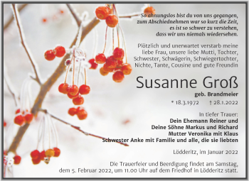Traueranzeige von Susanne Groß von Mitteldeutsche Zeitung Bernburg
