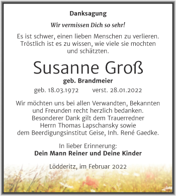 Traueranzeige von Susanne Groß von Trauerkombi Bernburg