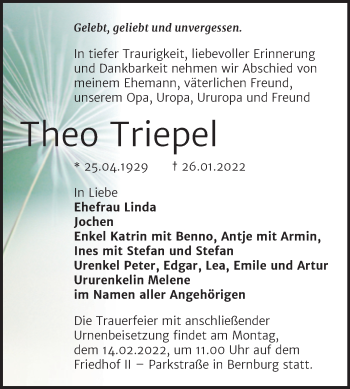 Traueranzeige von Theo Triepel von Trauerkombi Bernburg