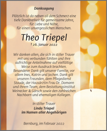 Traueranzeige von Theo Triepel von Trauerkombi Bernburg
