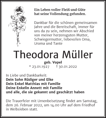 Traueranzeige von Theodora Müller von Trauerkombi Mansfelder Land