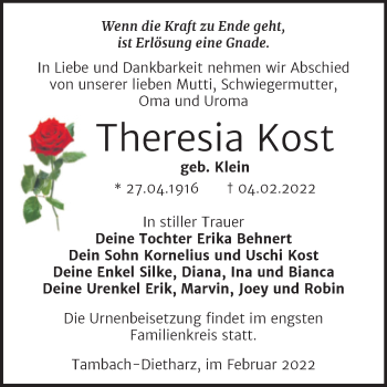 Traueranzeige von Theresia Kost von Trauerkombi Mansfelder Land