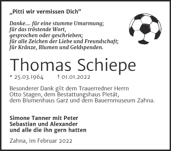 Traueranzeige von Thomas Schiepe von Trauerkombi Wittenberg