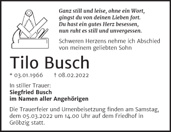 Traueranzeige von Tilo Busch von Trauerkombi Köthen